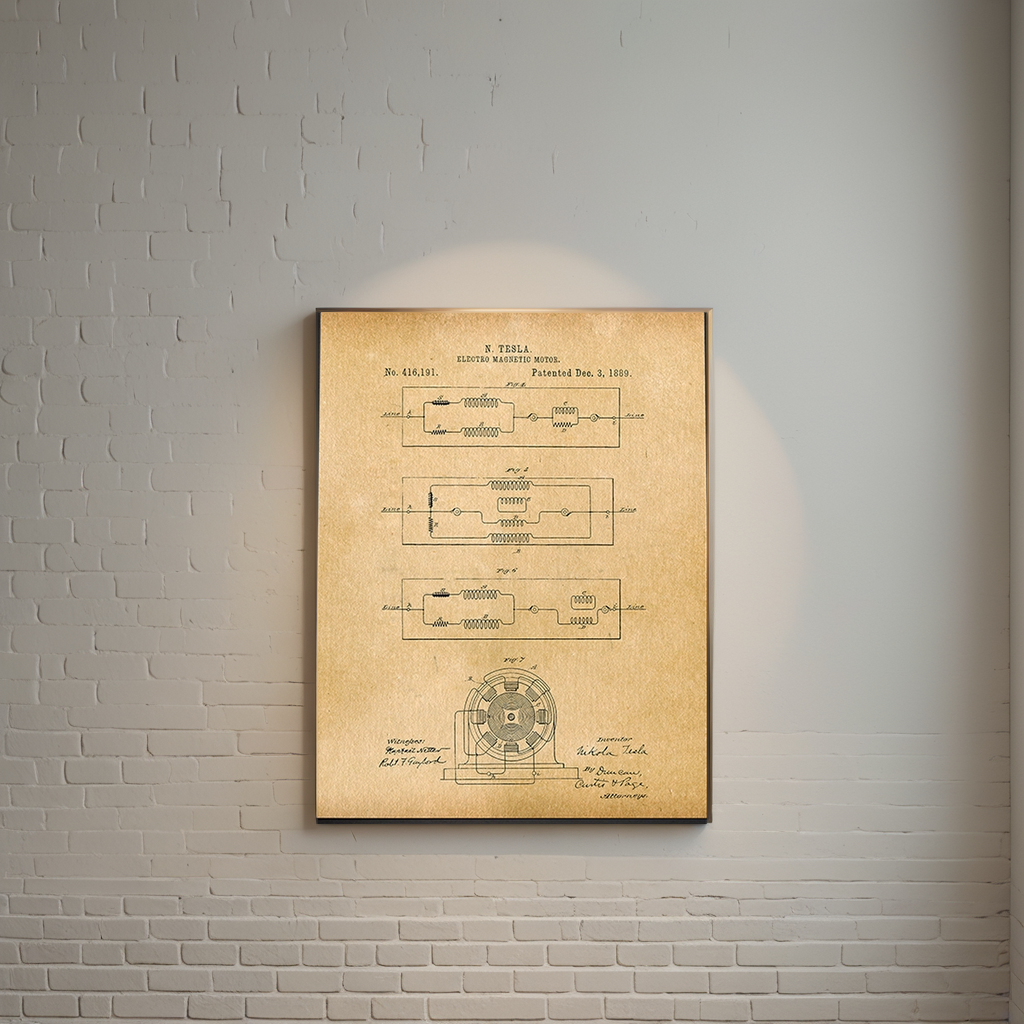 Tesla Electro Magnetic Motor (2) 1889 Patent Art Print