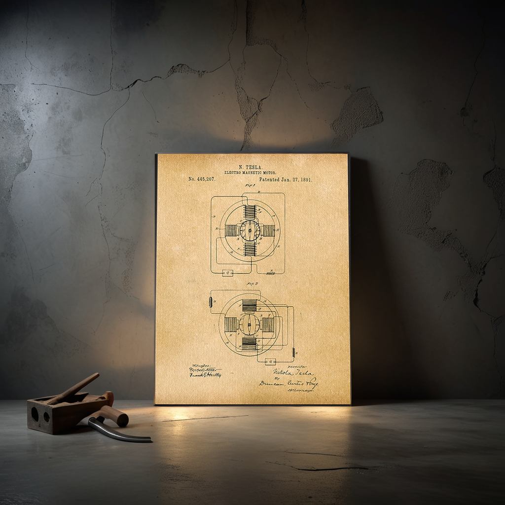 Tesla Electro Magnetic Motor 1891 Patent Art Print