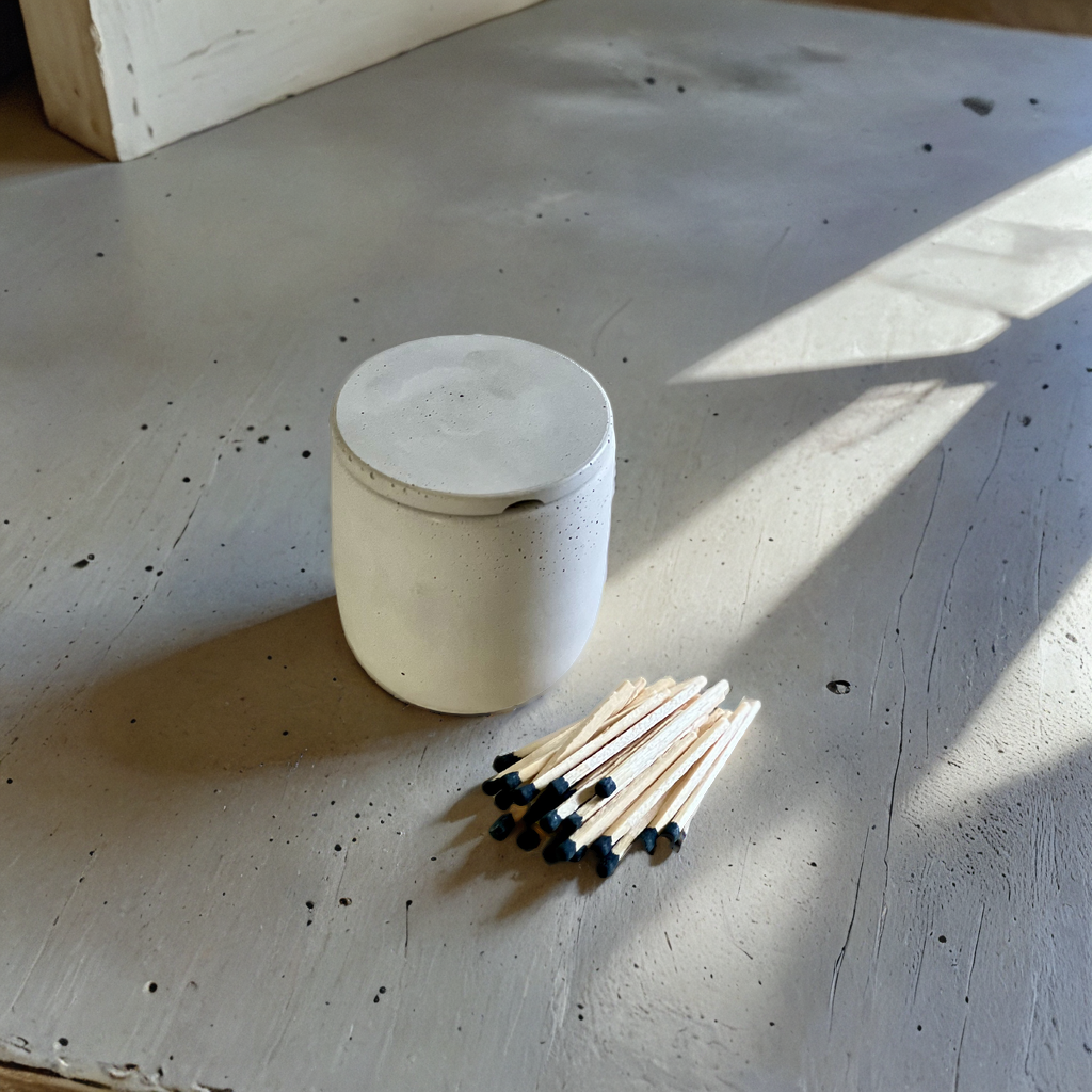 white match holder with lid set on marble countertop with matches next to it