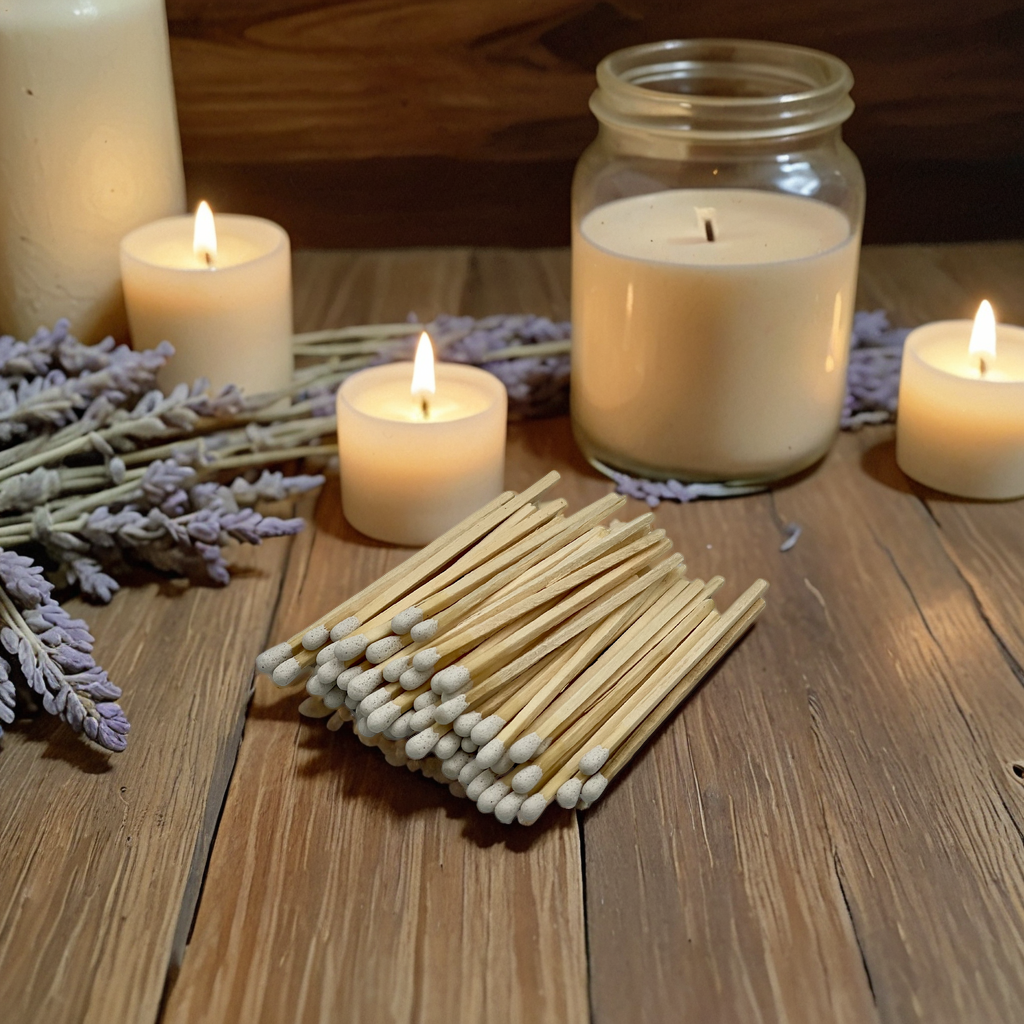 white tipped matches resting on countertop with lit tea candles in the background