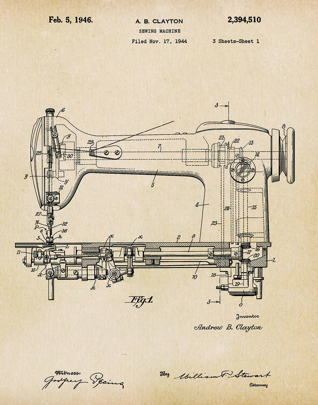 Sewing Machine 1944 Patent Art Print