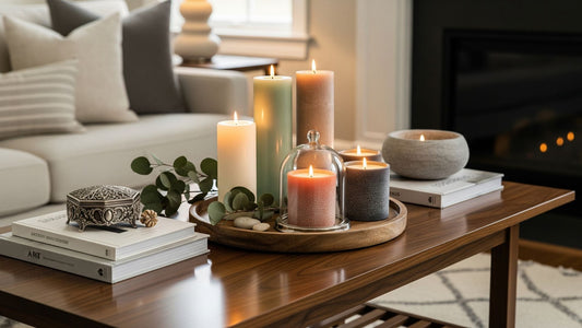 A stylish coffee table centerpiece featuring a group of decorative candles.