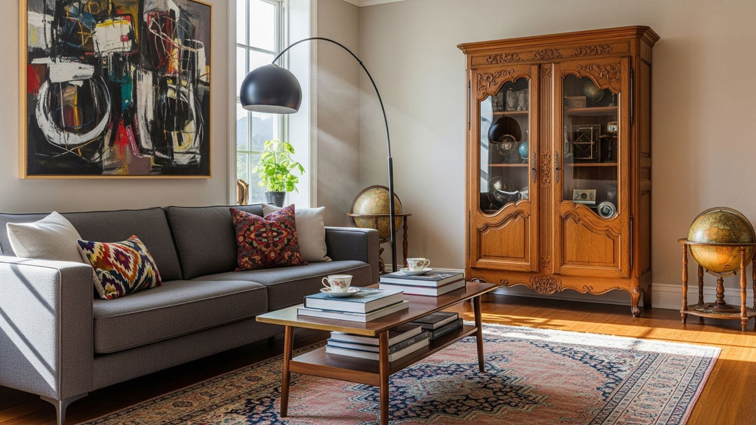 A beautifully decorated living room blending modern furniture with vintage accents.