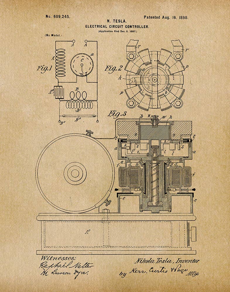 Tesla Circuit Controller 1896 Patent Art Print