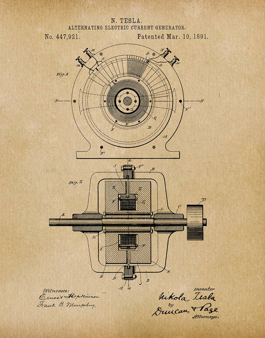 Tesla Generator 1891 Patent Art Print