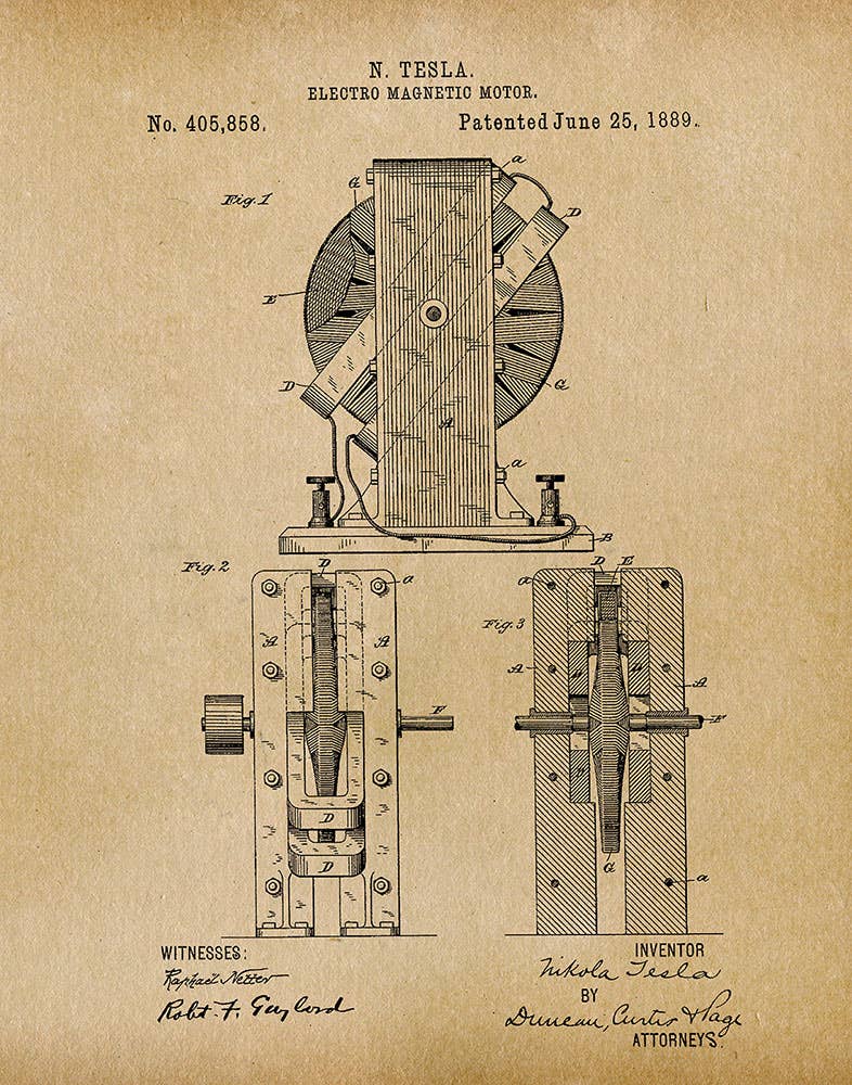 Tesla Electro Magnetic Motor 1889 Patent Art Print