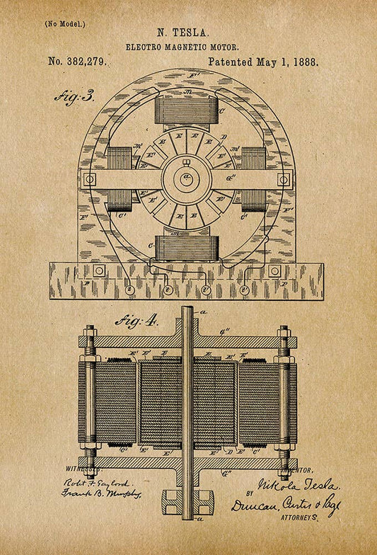 Tesla Electro Magnetic Motor 1888 Patent Art Print