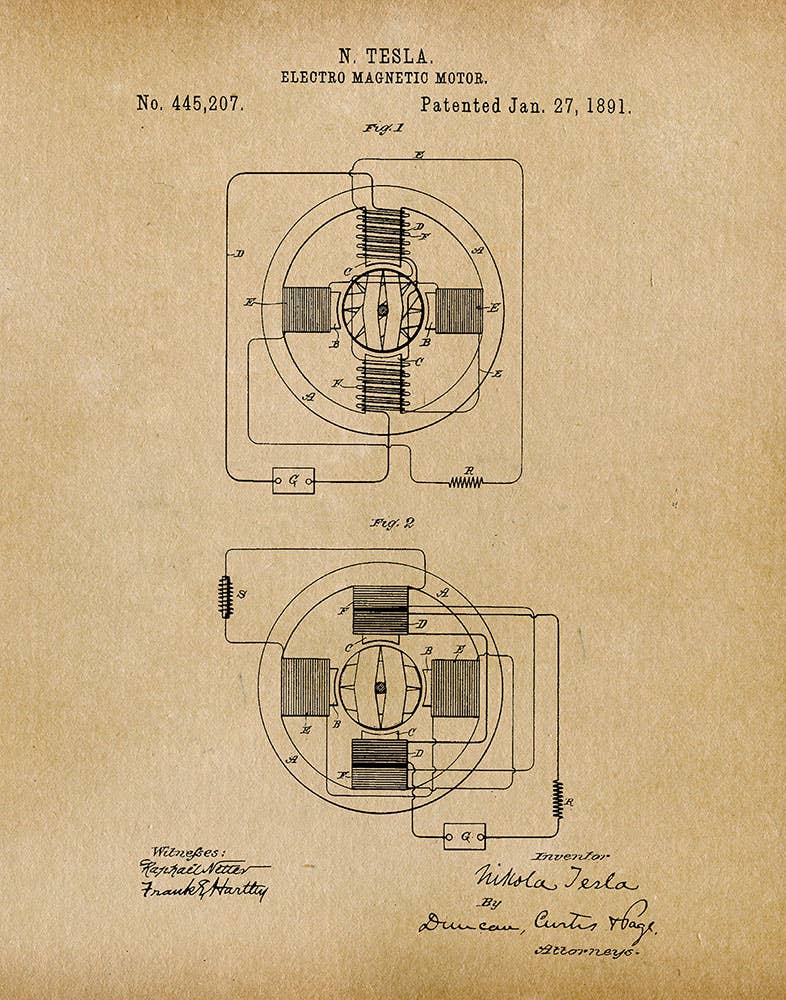 Tesla Electro Magnetic Motor 1891 Patent Art Print