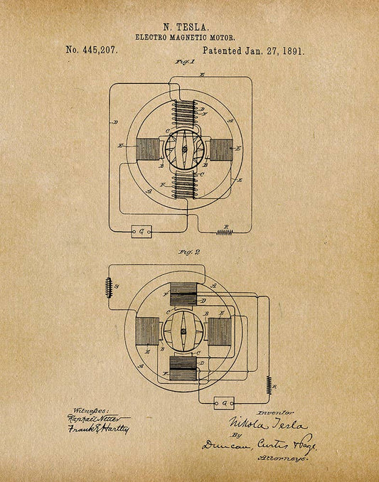 Tesla Electro Magnetic Motor 1891 Patent Art Print