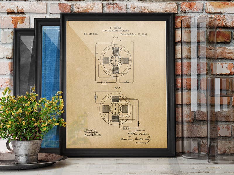 Tesla Electro Magnetic Motor 1891 Patent Art Print