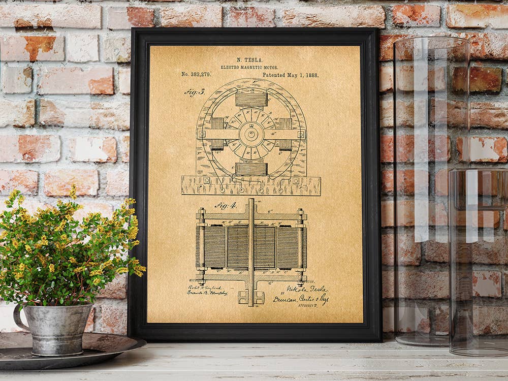 Tesla Electro Magnetic Motor 1888 Patent Art Print