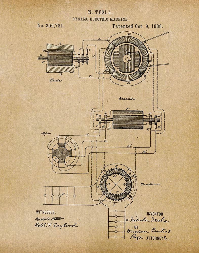 Tesla Dynamo Machine (2) 1888 Patent Art Print