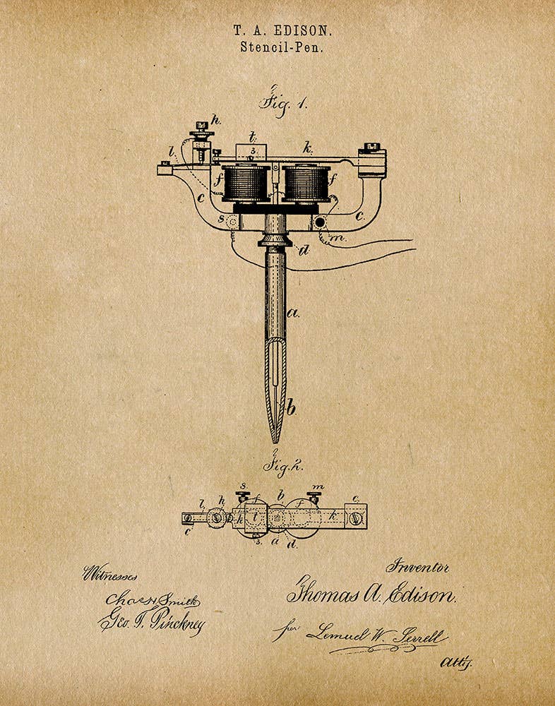 Stencil Pen Tattoo 1877 Patent Art Print