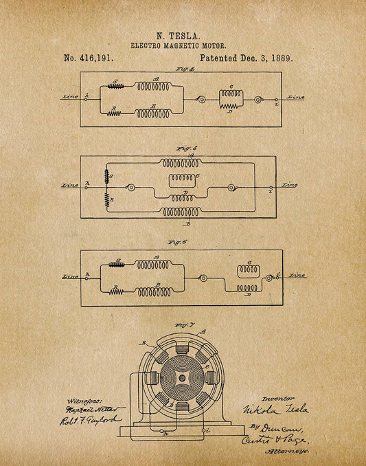 Tesla Electro Magnetic Motor (2) 1989 Patent Art Print