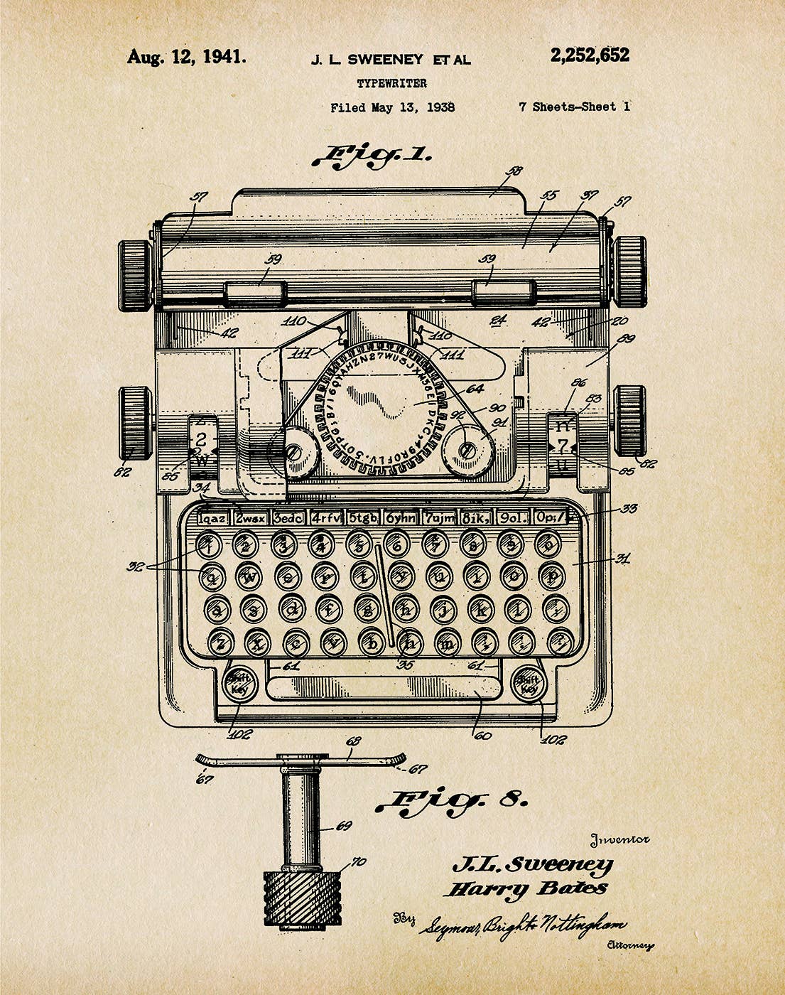 Typewriter 1938 Patent Art Print