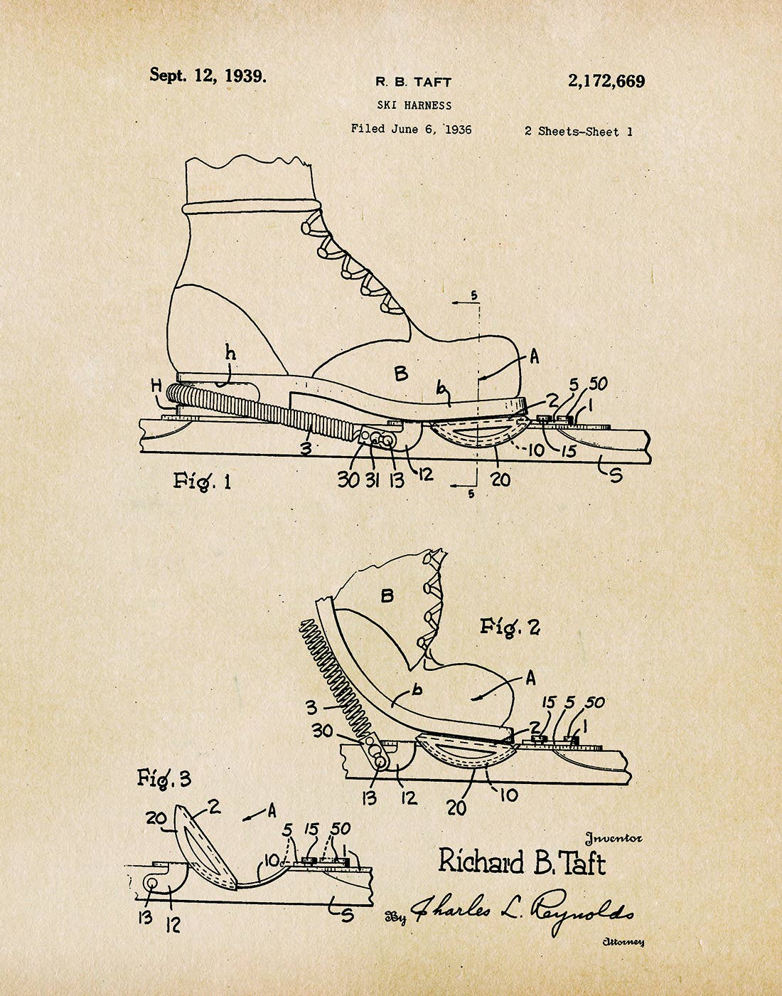 Ski Binding 1939 Patent Art Print